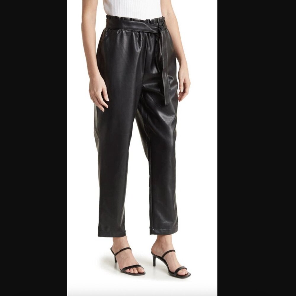 Avec Les Filles Black Faux Leather Belted Paper Bag Pants Tie Front Bow
